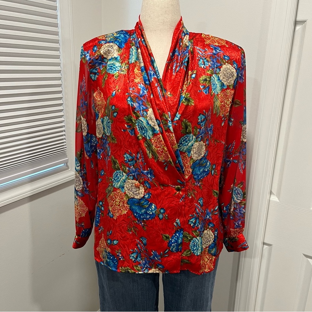 NOTATIONS Vintage 80s Floral Red Blouse/Jacket, Women's Size 16 - NWOT